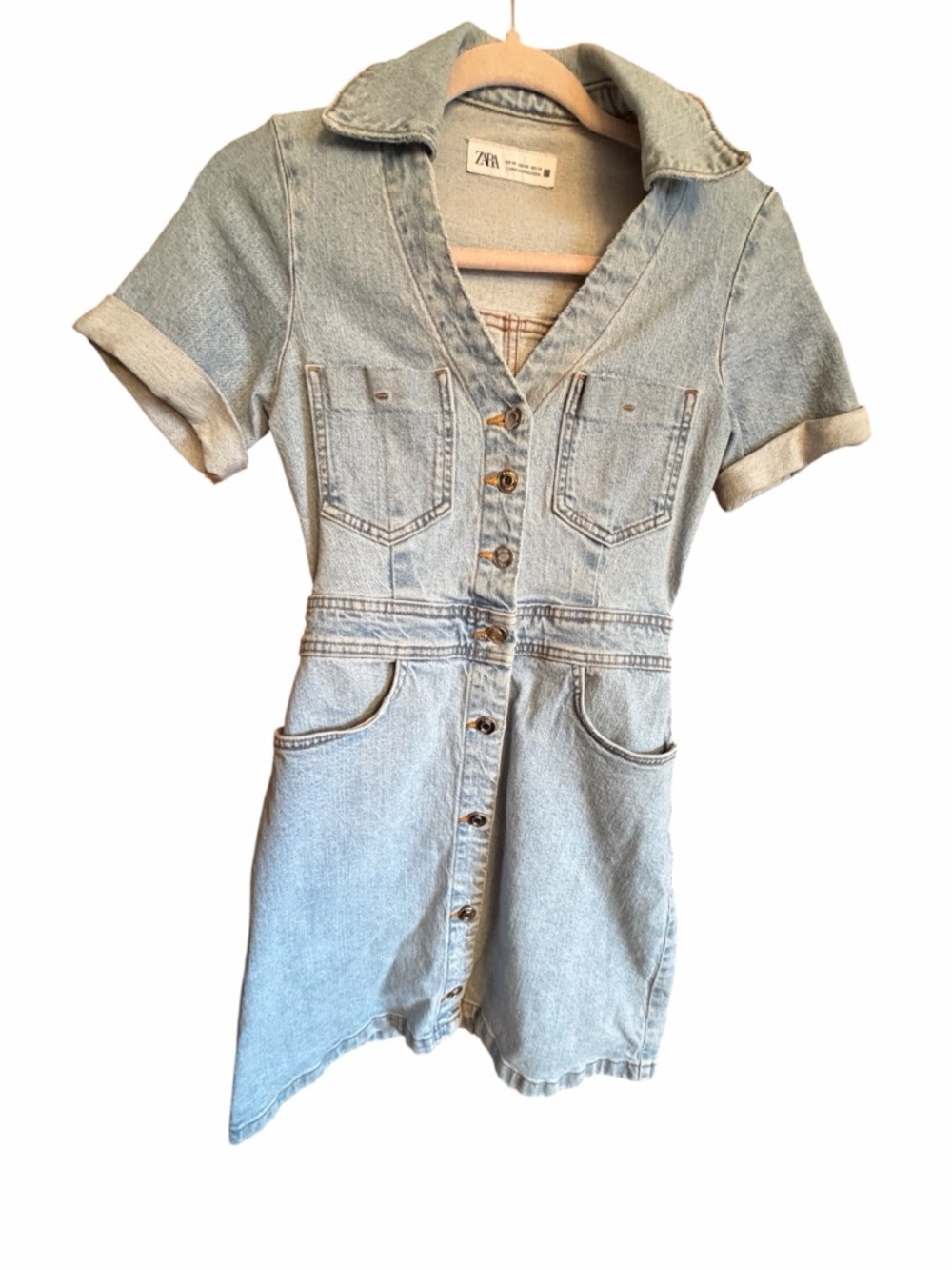 Zara Light Blue Denim Mini Dress-Size XS-V-Neck-Button Front